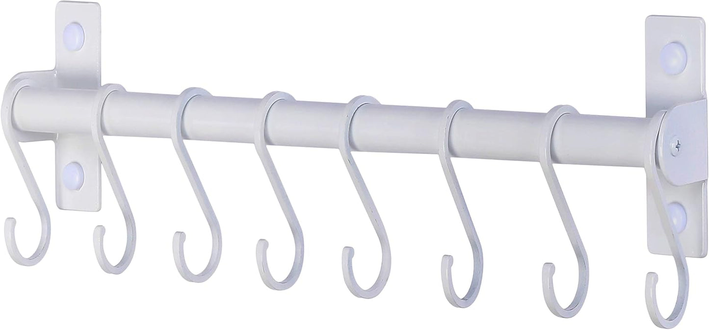 Dseap Kitchen Utensil Holder Hanger, Pot and Pan Rack Wall Mounted, Kitchen Rail with 8 Hooks for Hanging Cooking Utensils, Mugs, Spoons, Wall Mounted, White