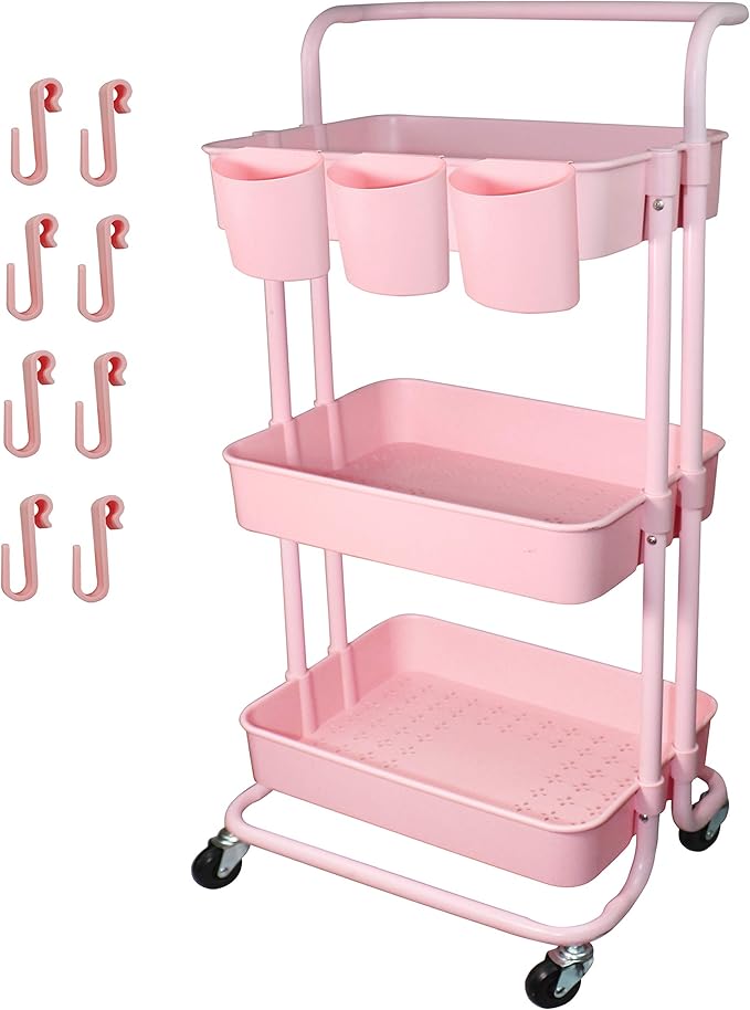 3 Tier Utility Rolling Cart Multifunction Organizer Shelf Storage Cart with 3 Pieces Cups and 8 Pieces Hooks for Home Kitchen Bathroom Laundry Room Office Store etc. (Pink)