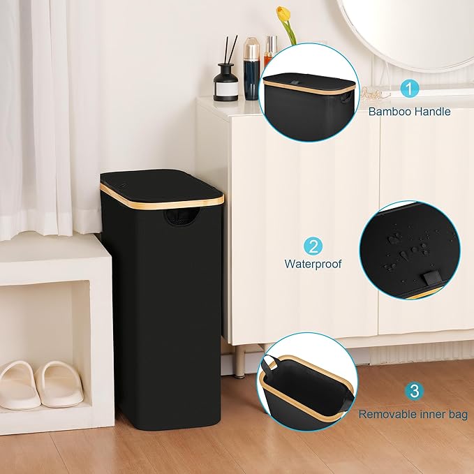 efluky Slim Laundry Basket with Lid, Narrow Laundry Hamper with Removable Bag, Skinny Dirty Clothes Basket with Bamboo Handles for Bathroom, Bedroom & Laundry Room, 65L Black
