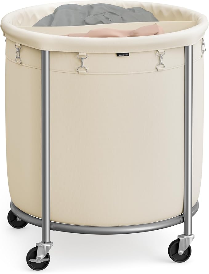 SONGMICS 63.5-Gallon (240 L) Laundry Basket with Wheels, Rolling Round Heavy-Duty Laundry Hamper Cart with Steel Frame and Removable Bag, 2 Locking Wheels, Cream White and Metallic Silver URLS012W01