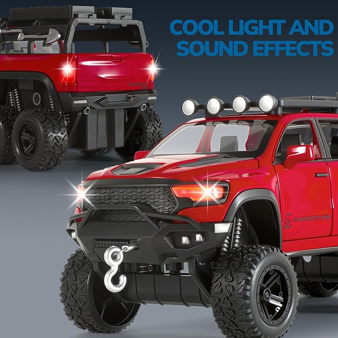 Toy Trucks for Boys 1/32 Diecast Trucks Mammoth Model Truck,Collectible Pickup Truck Model Kit,Pull Back Cars with Lights and Sounds,Toy Trucks for Boys Age 4-7（Red）
