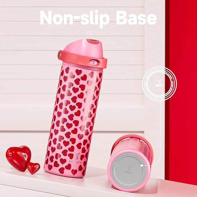 24 oz Valentine's Day Water Bottle: Meoky Stainless Steel Heart Water Bottle with 2-in-1 Straw and Spout Lid - Leak Proof, Fits in Car Cup Holder, Valentines Day Gifts for Her Women Wife Girls, Lovie