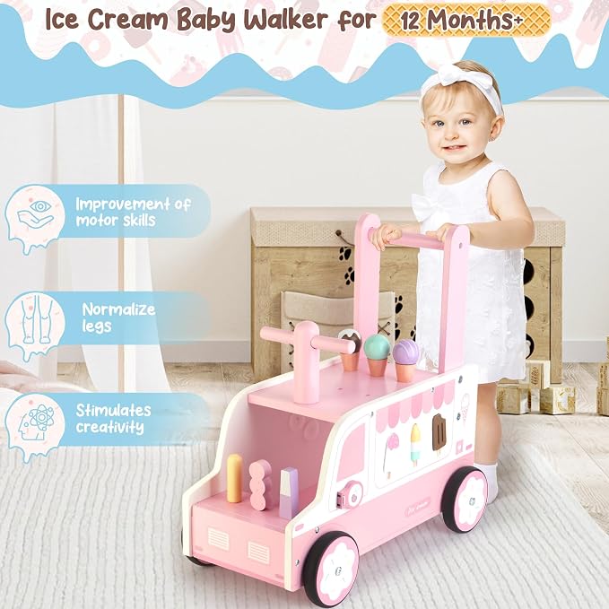 Asweets Wooden Baby Push and Pull Walker with Wheels, Learining Acticity Walker for Boys & Girls, Multiple Activities Center, Develops Motor Skills & Stimulates, 17.3''L x 9.1''W x 18.1''H