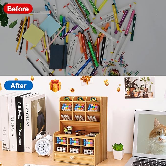 Marbrasse Wooden Desk Stationary Organizer, Multi-Functional Pen Holder, Storage Rack for School Home Office Art Supplie (B16-Cherry Color)