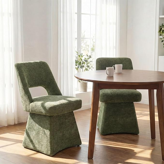 VKNOW Upholstered Swivel Dining Chairs Set of 2, Modern Dining Room Chairs with Open Back, Chenille Fabric Kitchen Chairs for Dining Room, Living Room, Bedroom, Vanity, Green