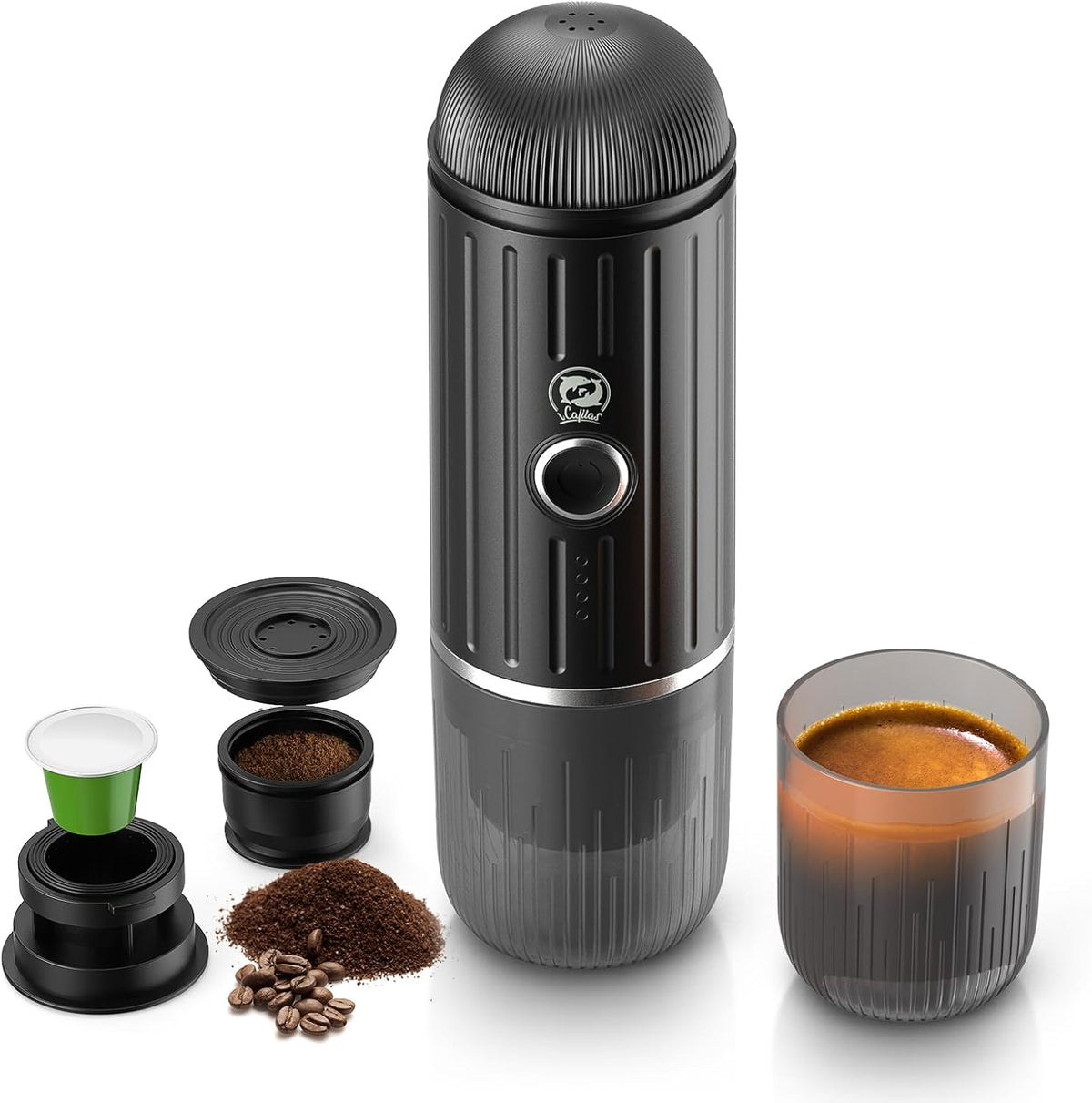 Rich Crema Portable Electric Espresso Coffee Maker, Fast self-heating 2 IN 1 Extraction System Espresso Machine, Support Ground Coffee and NS capsule, for Travel、Car、Hiking、Climbing（Black）