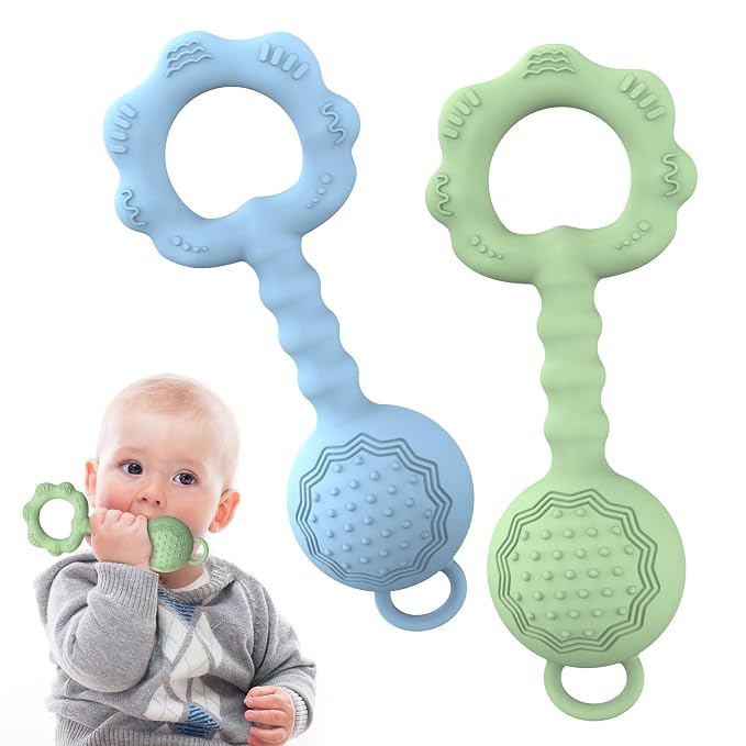 2 Pcs Baby Rattle Teether, 2-in-1 Rattle and Teether Toy for Soothing Sore Gums and Keeps Little Ones Entertained, Food Grade Silicone (Blue+Green)