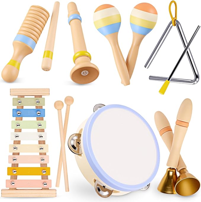 Baby Musical Instruments, Montessori Wooden Musical Toys for Toddlers 1–3, Xylophone Tambourine Triangle Maracas, Wooden Baby Instruments, Kids Preschool Educational Toys, Birthday Gift for Boys Girls