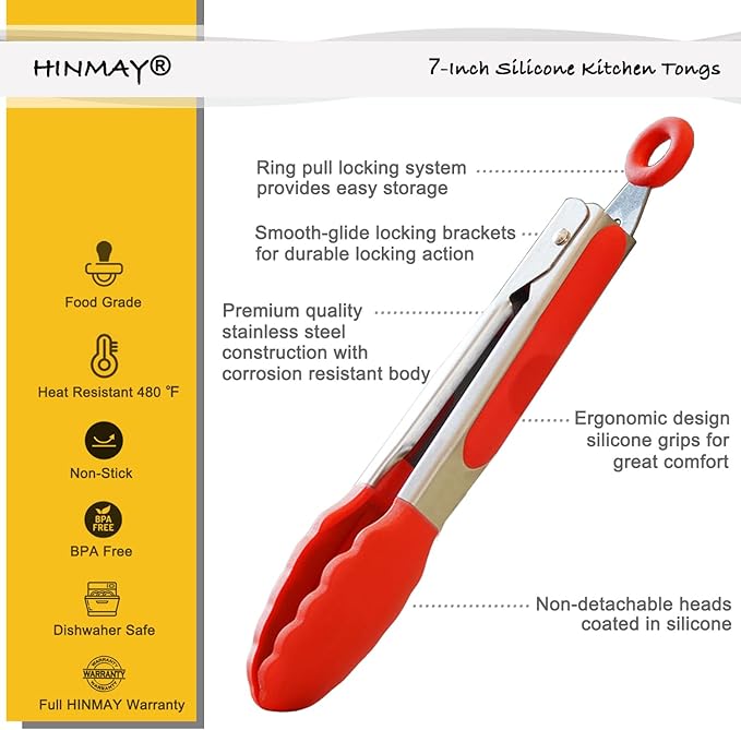 Small Tongs Set 7-Inch Mini Tongs with Silicone Tips, Set of 6 (Red Blue Green Pink Mint Yellow)