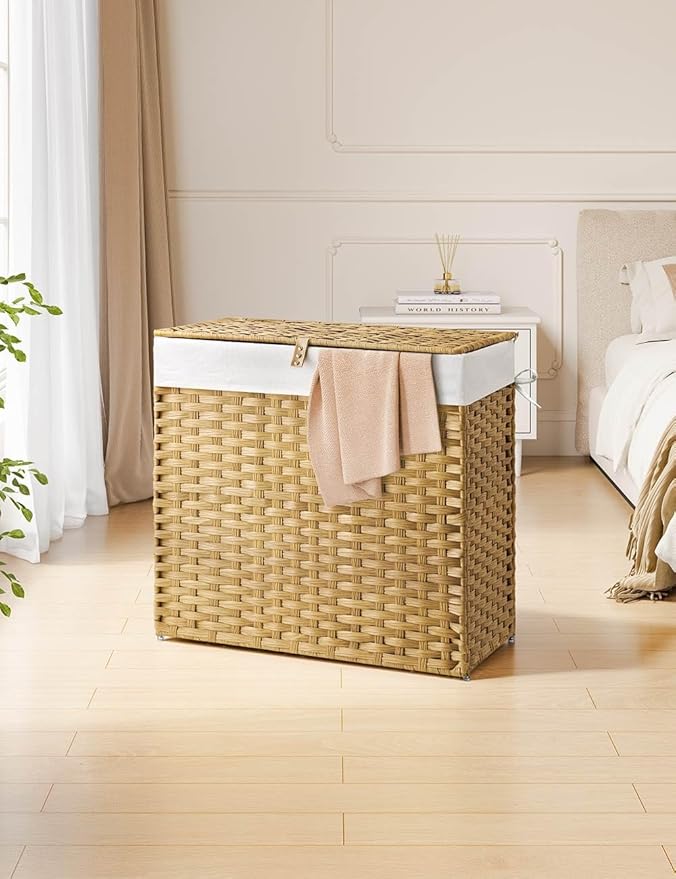 Greenstell Laundry Hamper with Lid, 125L Laundry Basket with 2 Removable Liner Bags & 2 Mesh Bags, Handwoven Synthetic Rattan Clothes Hamper for Clothes, Toys in Bathroom, Bedroom, Foldable, Natural