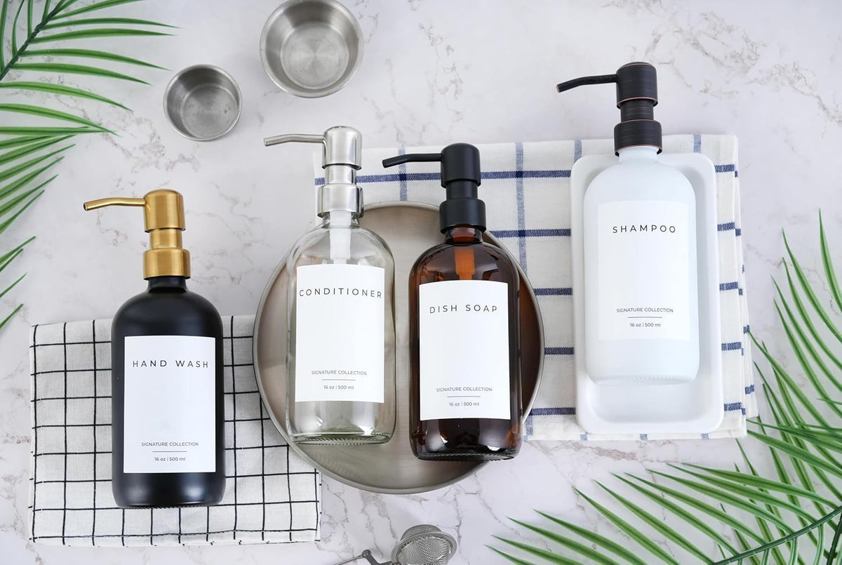 Emerson Essentials Glass Soap Bottle Dispensers, 2 Pack, Stainless-Steel Pumps Rust-Free, Hand Set for Bathroom Kitchen Sink, Liquid Lotion Shampoo Jars with 4 Waterproof Labels, 16 Oz Black/White