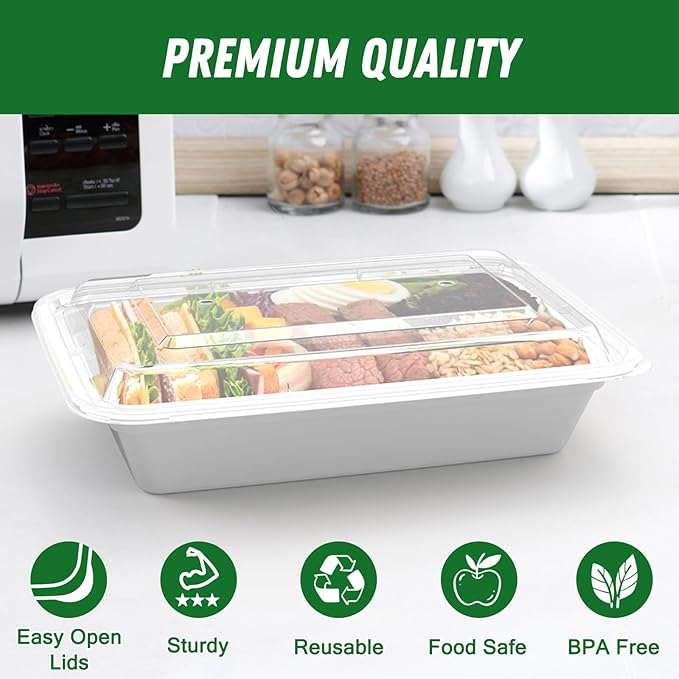 50 Pack (100-Piece) 32 oz Meal Prep Containers Reusable with Easy Open Lids, Sturdy Leakproof Food Safe, Microwave Freezer Dishwasher Safe, To Go Take Out Plastic Food Storage Pans with Lids, Silver
