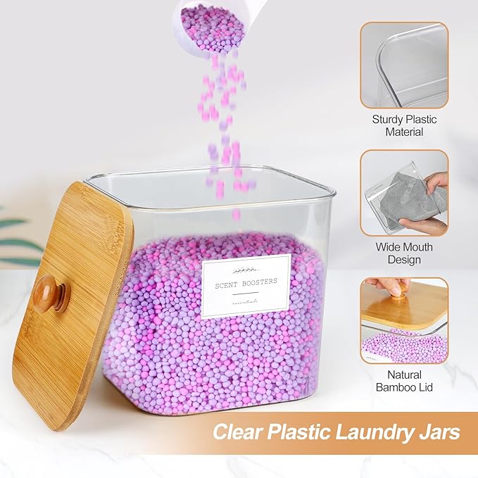 3 Pack Plastic Laundry Pods Container & Dryer Sheet Holder, Laundry Room Organization and Storage Jars with Lids, Scoops & Labels for Detergent, Powder, Scent Booster