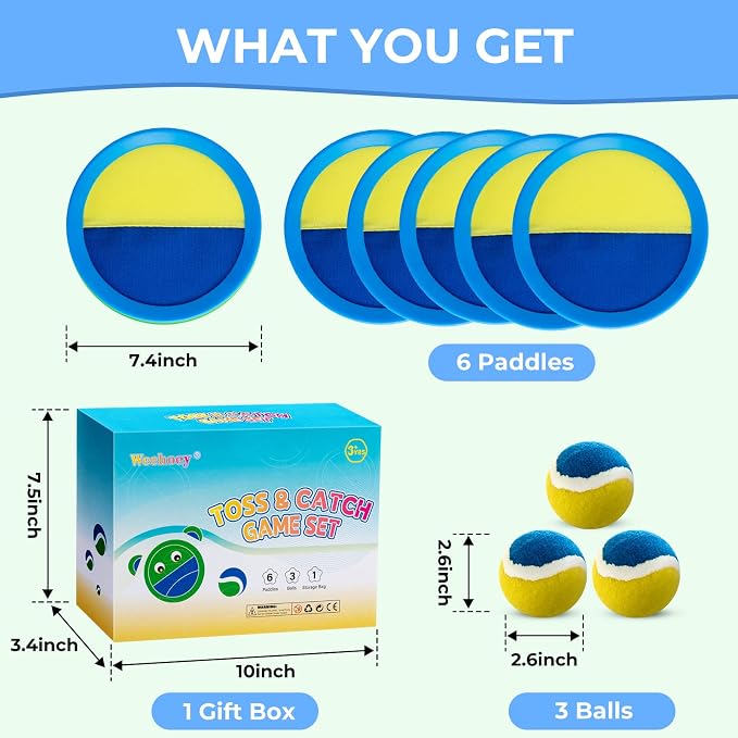 Weehoey Kids Toys - Outdoor Games for Kids, Toss and Catch Ball Set with 6 Paddles 3 Balls, Toys for 3 4 5 6 7 8+ Year Old Boys Girls Christmas Birthday Gifts (Light Blue)