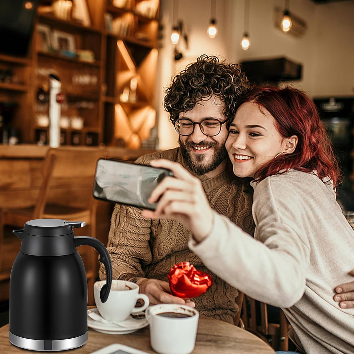 54oz 2PCS Stainless Steel Thermal Coffee Carafe Dispenser with Brush,Double Wall Vacuum Flask 1.6L Water Tea Pot Beverage Pitcher for Cold Drinks in Summer (Matte Black,2Pack)
