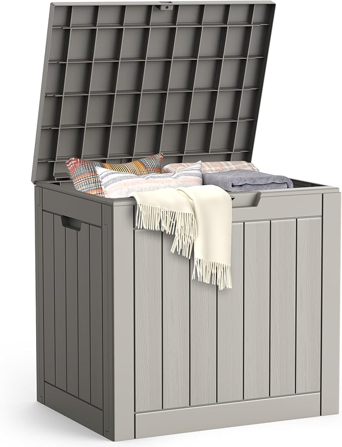 Outdoor Storage Box, 31 Gallon Waterproof Resin Deck Box, Storage Bin for Package Delivery, Patio Furniture Cushion, Garden Tools, Pool Accessories, Weatherproof and UV Resistant, Grey