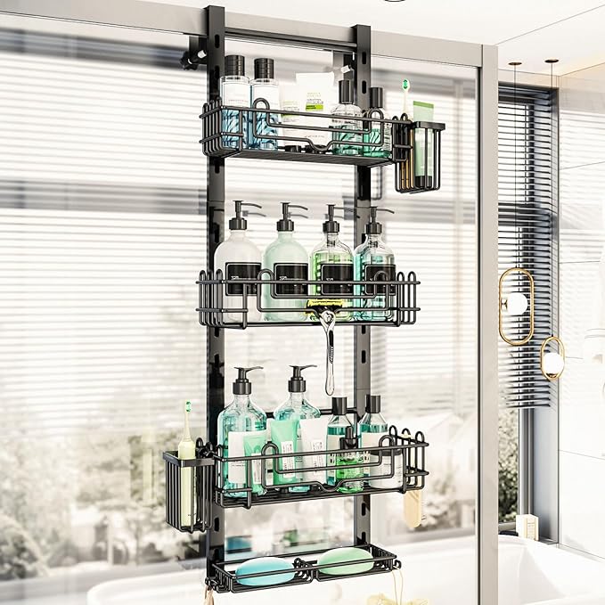 HapiRm 4 Tier Over the Door Shower Caddy, Hanging Shower Caddy with 22 Hooks and 2 Toothbrush Holders, No Drilling Adjustable Hanging Bathroom Organizer - Black