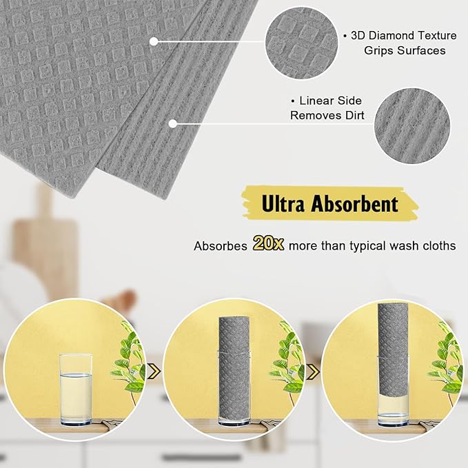 Swedish Dishcloths for Kitchen | 10 Pack Absorbent Cellulose Sponge Cloths Washable | Non-Scratch Reusable Paper Towels Quick Drying Cleaning Rag - Grey