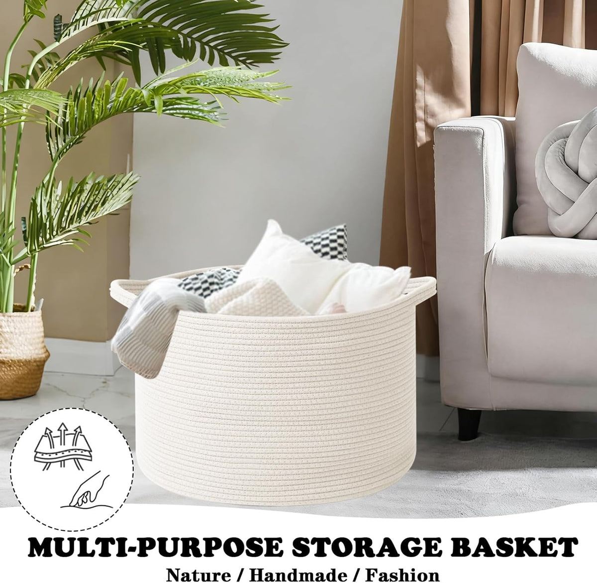 Large Blanket Basket for Organizing,65L Closet Organizers and Storage Bins Box for Shelves Woven Rope Storage Baskets,Living Room,Bedroom,Dorm,Laundry room (White)