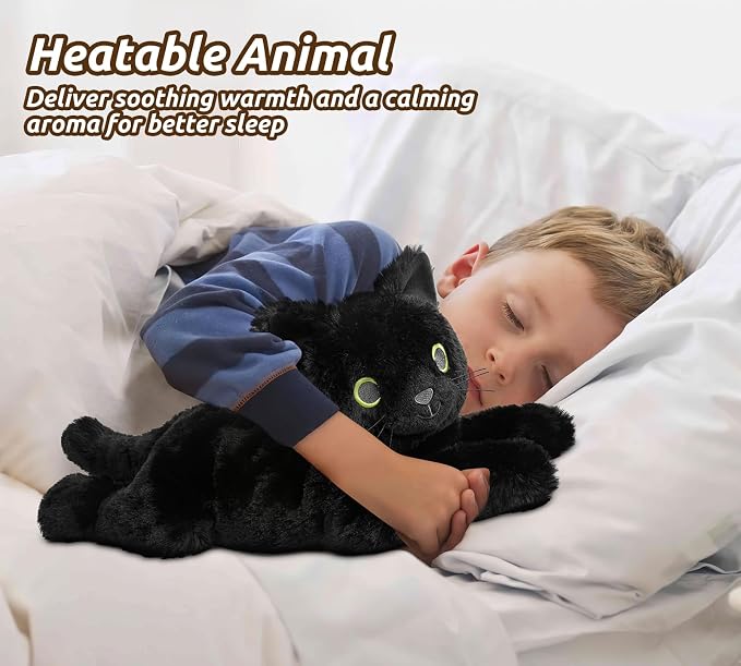 Black Cat Stuffed Animals, Microwavable Stuffed Animal Adorable Fluffy Cat Plush for Warmth & Comfort, Heatable Coolable Lavender Scent Cat Toy, Cute Soft Plushies Cat Gifts for Kids Boy Girls & Adult