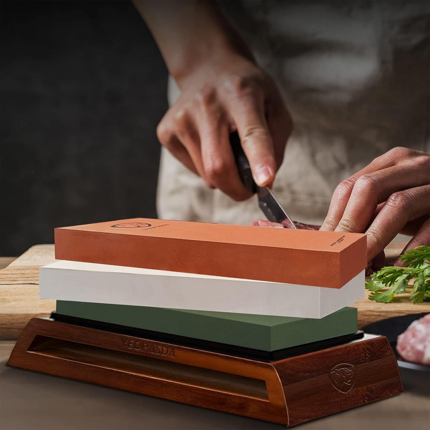 Premium Knife Sharpening Stone Kit - YeopAsda 3 Sides Grit 400/1000/6000 Whetstones - Knife Sharpener Stone with Non-Slip Wood Base, Angle Guide & Cut Resistant Gloves