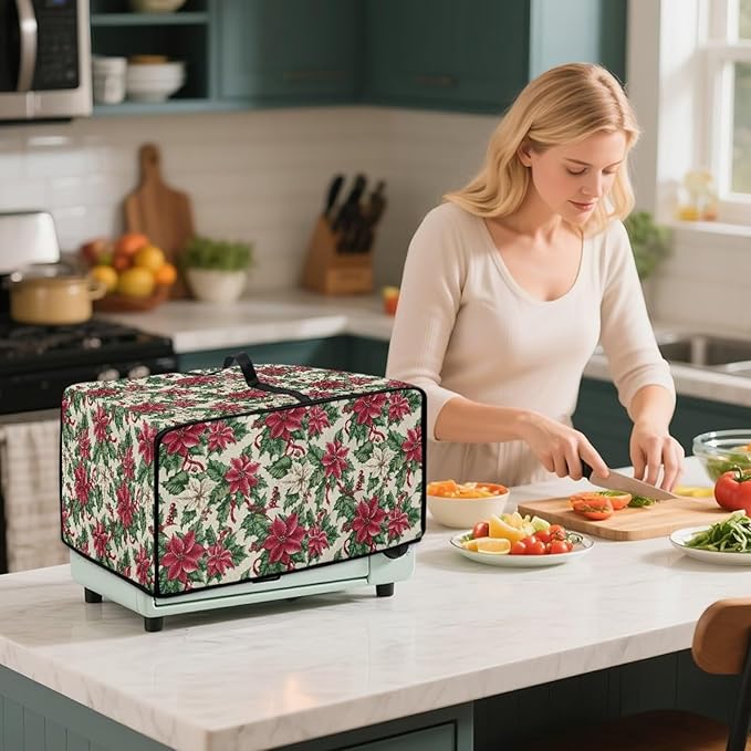 Air Fryer Toaster Oven Dust Cover Dustproof Convection Oven Cover with Side Pockets for Small Kitchen Appliances, L, 18.5 x 22.5 x 13 Inches, Poinsettia Flower Christmas Decor