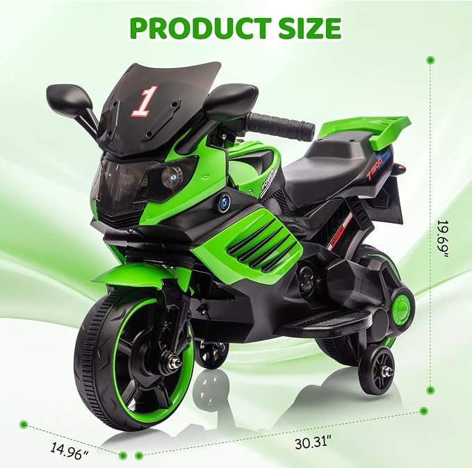 GarveeLife 6V Kids Motorcycle, Electric Ride On Car Toy with Training Wheels, Working Headlight, Horn & Music, Battery Powered Ride On Motorcycle Toy for Toddler Kids Boys Girls Ages 3-5, Green