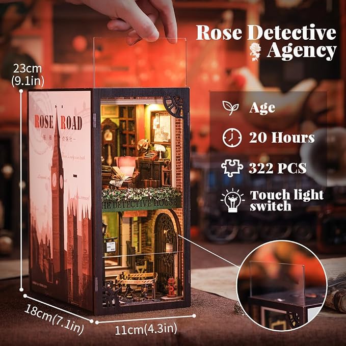 Cutefun Book Nook Kit, DIY Miniature Dollhouse Booknook for Adults, 3D Wooden Puzzle Bookend Bookshelf Insert Decor with LED Light, Gift for Craft Lovers (Rose Detective Agency)