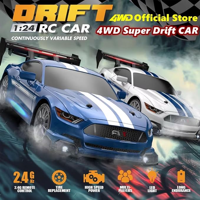 1:24 Scale RC Drift Car 4WD 2.4GHz 30KM/H High Speed Racing Sport Toy Car with LED Lights, Racing and Drift Wheels (8607-Black)