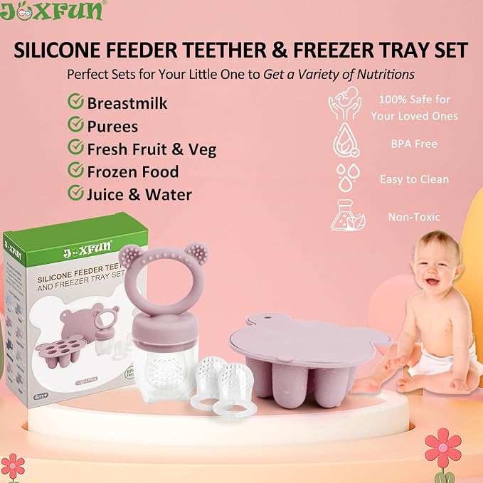 JEXFUN Silicone Breastmilk Popsicle Freezer Molds & Baby Fruit Food Feeder Pacifier, Baby Food Storage Containers Breast Milk Ice Cubes for Baby Teething & Infant Self Feeding, BPA Free - (Light Pink)