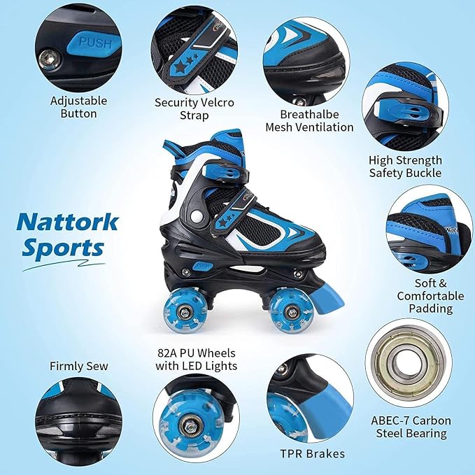 Nattork Kids Roller Skates for Boys Girls Kids, 4 Sizes Adjustable Quad Skates with All Light up Wheels - Birthday Gift for Indoor Outdoor Sports