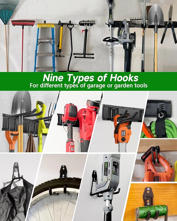 Garden Tool Organizer 48 in with 18 Garage Hooks, Heavy Duty Garage Wall Hooks for Hanging Ladder, Bike, Tool Storage Rack for Yard Tools, Shovel, Shed (23 Pack)