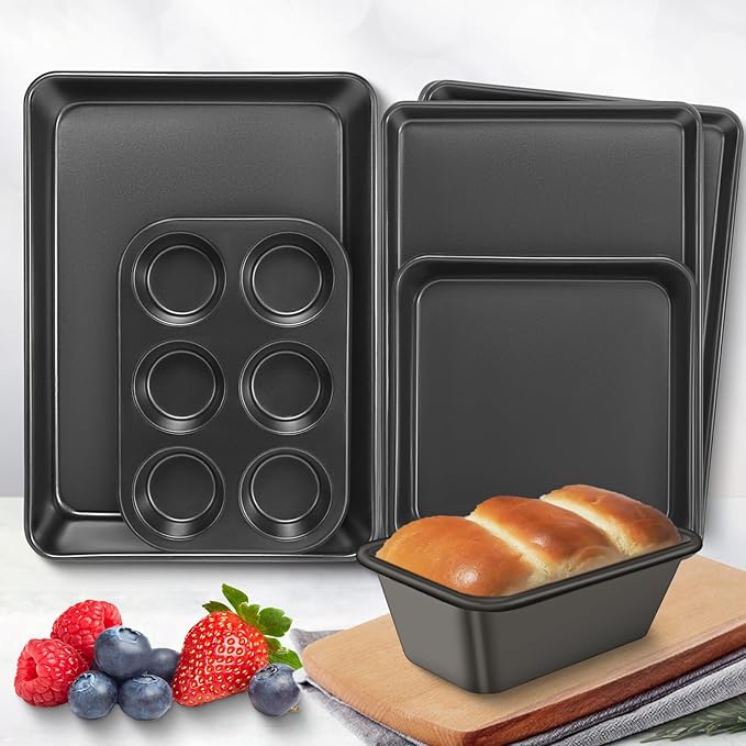 Baking Pans Set, Nonstick Bakeware Sets, Oven Pans for Cooking, AIVIKI 6 Pieces Baking Sheets Set Including Cookie Sheet, Deep Roaster Pan, Square Pan, Loaf Pan, Muffin Pan, Carbon Steel Baking Set