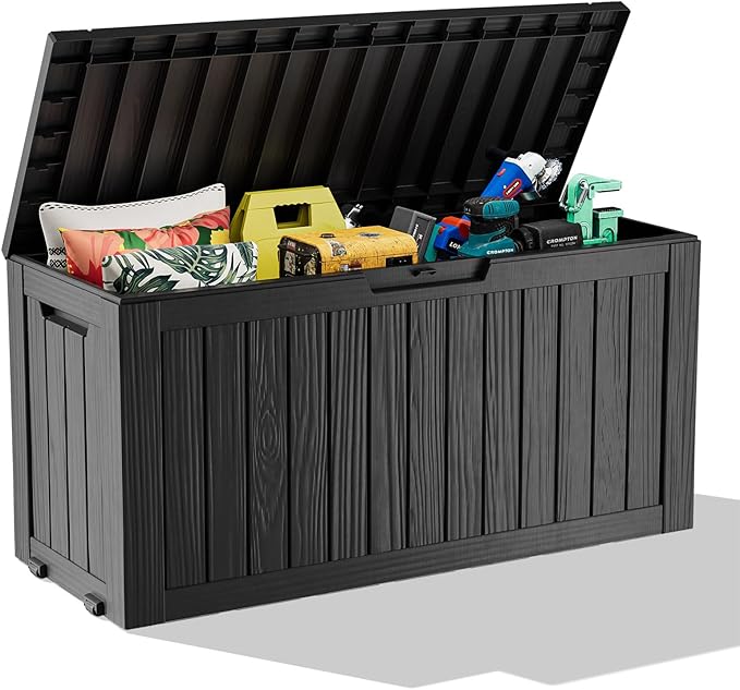 ROJIK Outdoor Storage Housing Deck Box - Waterproof Patio Furniture, Garden Tools, Cushions, Pool Accessories Storage Bench with Lockable Lid and Side Handles (Black 78 Gal)