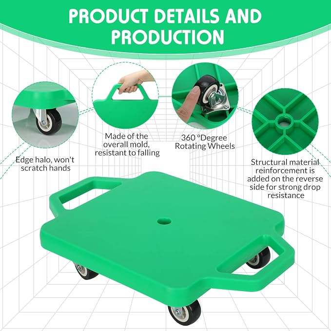 Jerify 4 Pieces Sports Scooter Board with Handles Plastic Casters Floor Sitting Scooter Boards for Kids Children Gym Indoor Outdoor Activities Play Equipment, 11.22 x 11.22 inch