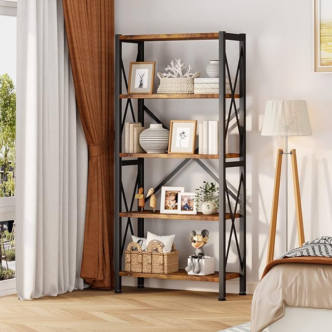 Homeiju 5-Tier Bookshelf,Wood Bookcase,Book Shelf with Steel Frame, Storage Rack with Open Shelves, Rustic Standing Bookshelves Ladder Shelf 110lbs/shelf for Bedroom,Living Room and Home Office