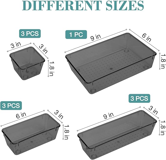10 PCS Drawer Organizer Set, 4 Varied Size Bathroom and kitchen Drawer cabinet organizer Trays, Clear Storage Bins for Makeup, Jewelry, Utensils and Gadgets, Black