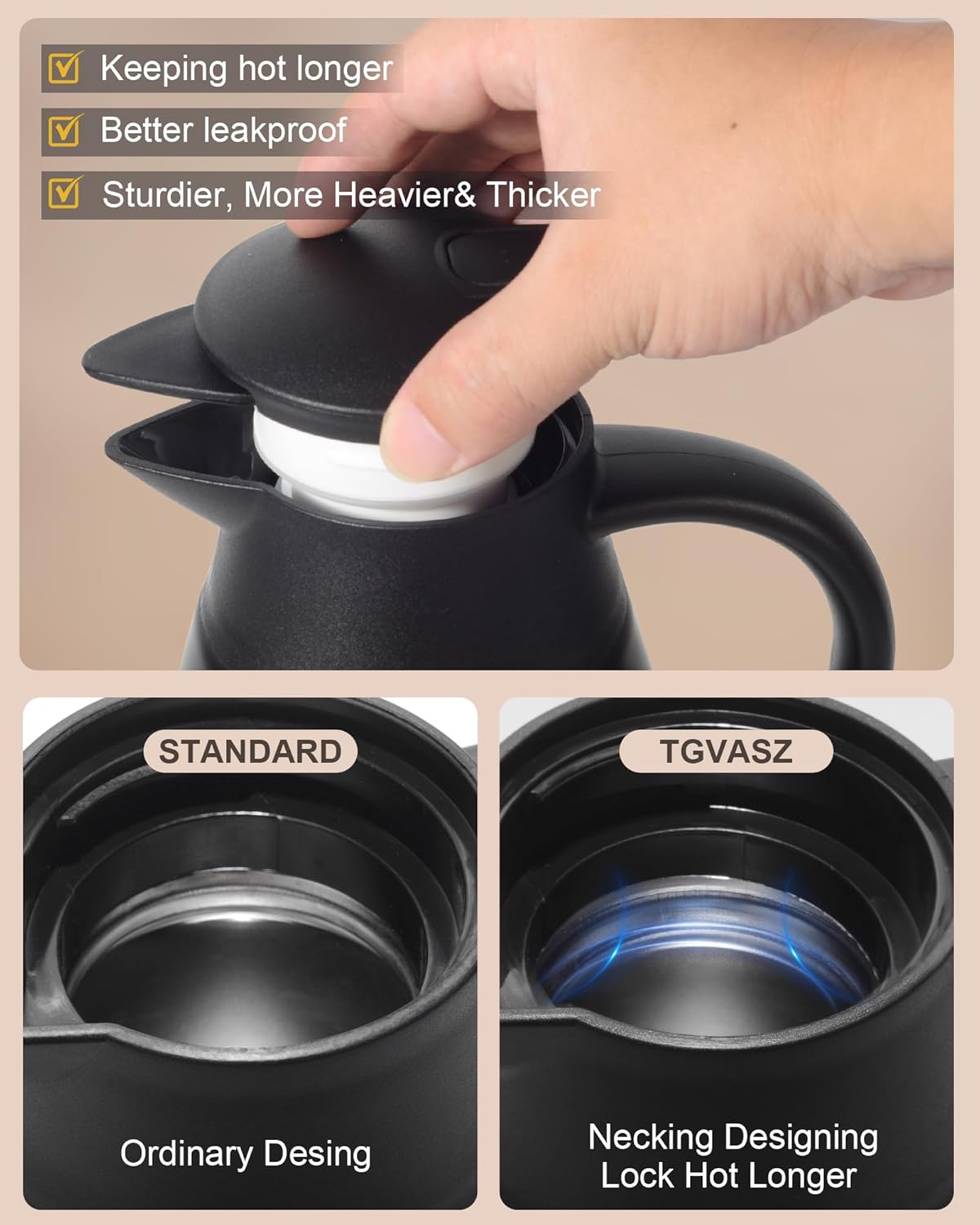 70 oz Thermal Coffee Carafe for keeping hot, Updated Airpot dispener, Insulated Stainless Steel Vacuum Thermal Pot for Coffee, Hot Water,Keep Hot 12 Hours (black/black)