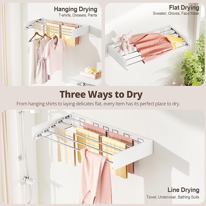 Wall Mounted Clothes Drying Rack Folding Indoor, Foldable Laundry Drying Rack Collapsible,Invisible, Space Saving, Retractable Towel Drying Rack, with Wall Template(5 Drying Rods, White 32")