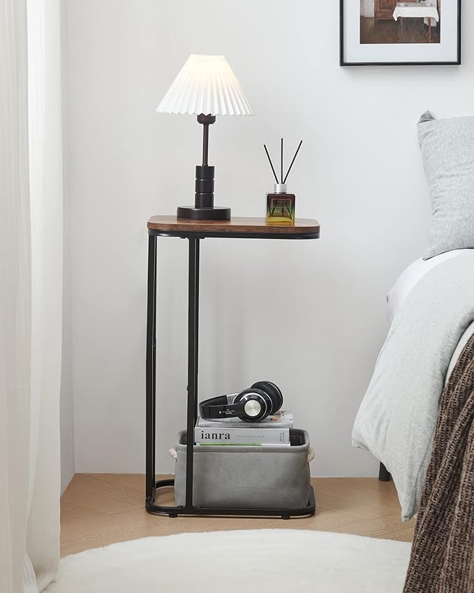 C Shaped End Table Set of 2, Small Side Table for Sofa and Bed, Couch Tables That Slide Under, Tall Tv Tray Table for Living Room, Bedroom, Rustic Brown & Black