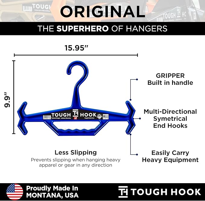 Tough Hook Original Heavy Duty Hangers – The Superhero of Hangers USA-Made, Anti-Slip ABS Resin Tactical Hanger for Police Gear, Scuba Gear & Dive BCD – DuraResin 200-lb Cap Wetsuit Hanger, 1 Blue