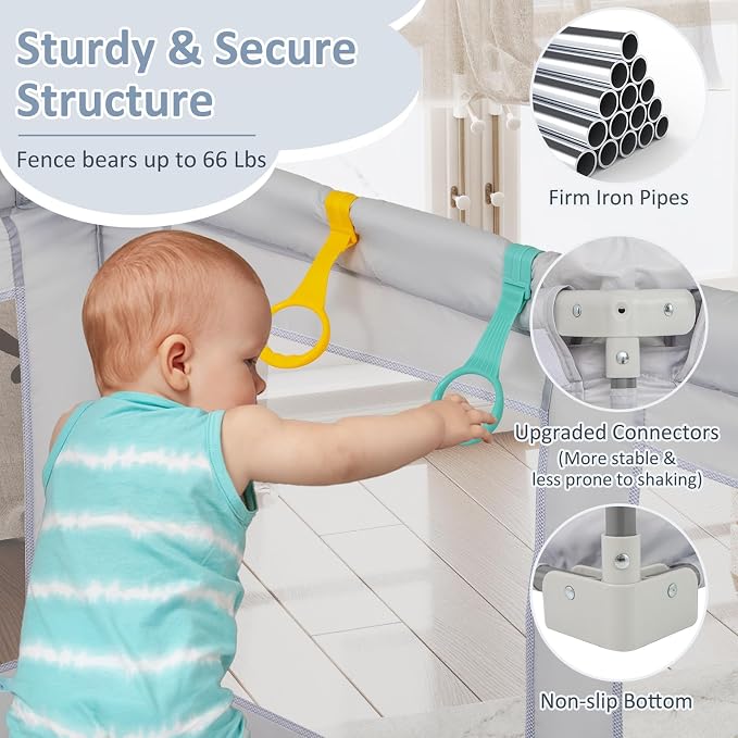INFANS Foldable Baby Playpen with Mat, 59” x 59” Large Baby Play Yard for Infant with 50 Ocean Balls, 4 Handlers, Carry Bag, Indoor Outdoor Fence Toddler Activity Center (Gray, 59” x 59”)