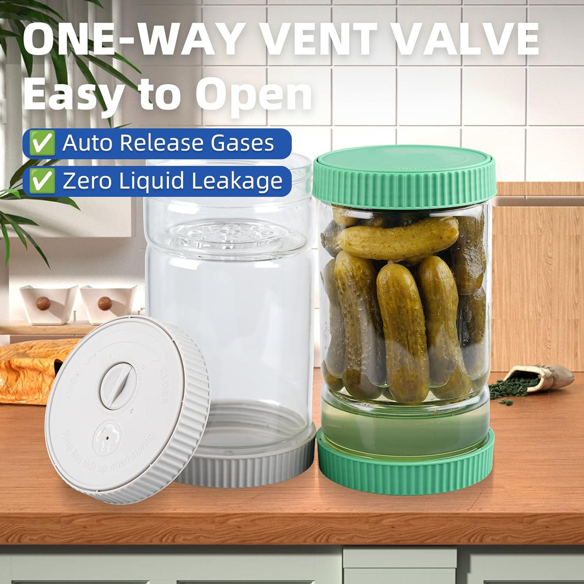 Glass Pickle Jar with Strainer Flip, 40oz Hourglass Airtight Container, Easy Open Refrigerator Storage Pickles Juice Separator for Olive Jalapeno Gherkin, Green