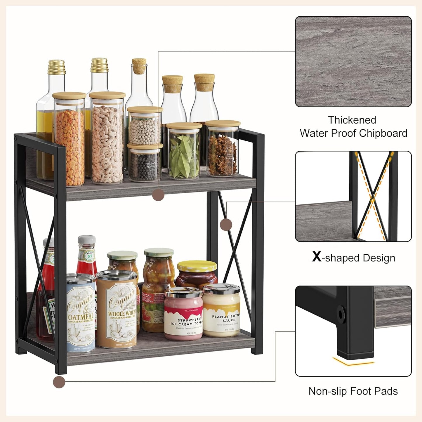 Giikin Coffee Bar Accessories, 2 Tier Spice Rack for Counter, Gray Kitchen Countertop Organizer (Grey, L)
