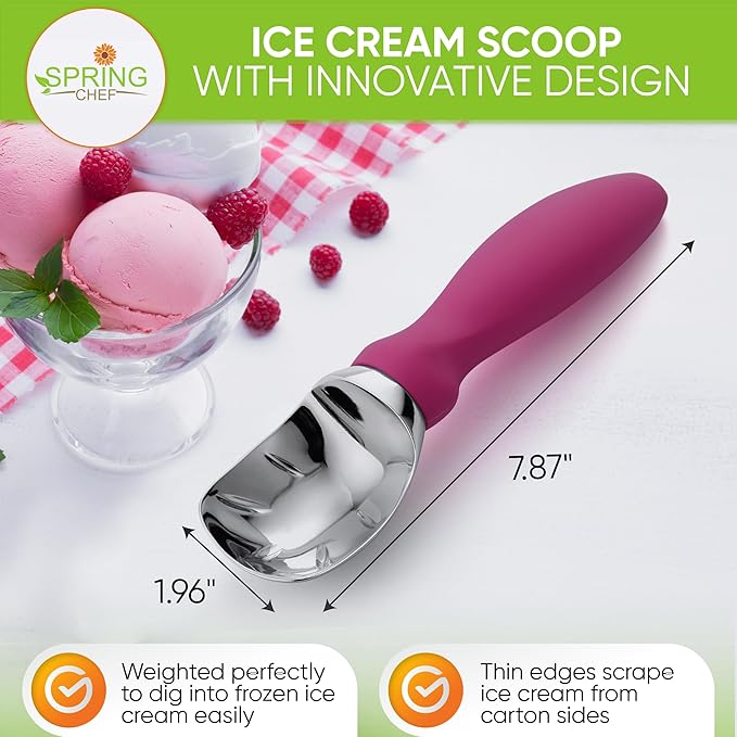Spring Chef Premium Ice Cream Scoop, Magenta & Round Magnetic Measuring Spoons with Leveler, Set of 8, Black - 2 Product Bundle