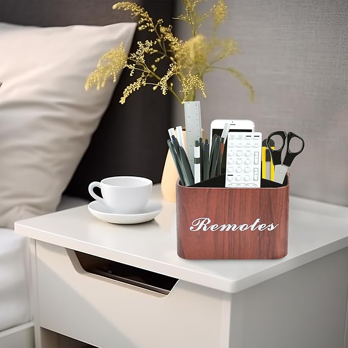 Hennaja Square Leather Art Supply Organizer,Remote Control Holder with Removable Dividers,360°Rotatable Pencil Holders,4 Compartments Organizer for Office Supplies Storage Box(1-Light Brown)