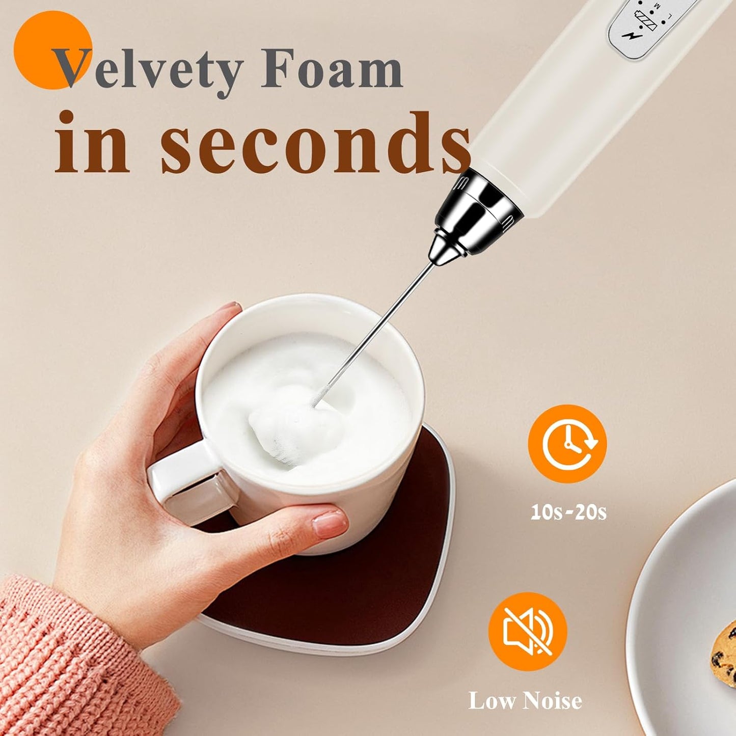 Milk Frother Handheld Rechargeable, Frother Wand Drink Mixer Electric Whisk for Coffee, Detachable With 3 Stainless Whisks, Hand Mixer for Lattes, Cappuccino, Matcha, Egg, No Stand, Beige