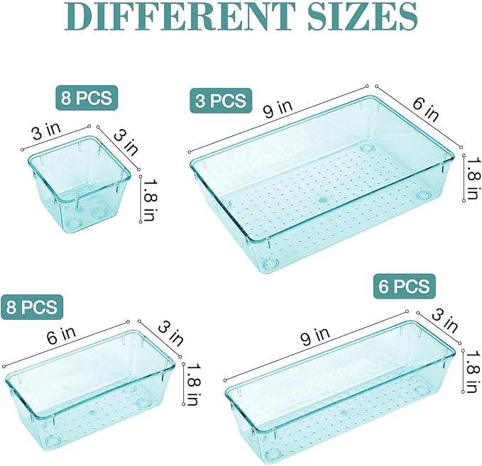 25 PCS Drawer Organizer Set, 4 Varied Size Bathroom and kitchen Drawer cabinet organizer Trays, Clear Storage Bins for Makeup, Jewelry, Utensils and Gadgets