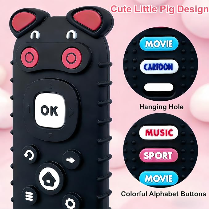 3-Pack Baby Teething Toys, BPA-Free Silicone Baby Remote Control Teething Toy for 3-18 Months, Toy Remote for Baby, Teething Relief Newborn Remote Shaped Toy (Black&Pink&Pig Black)