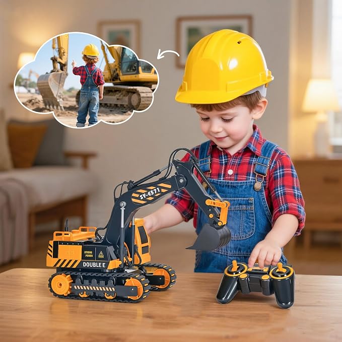 DOUBLE E Remote Control Excavator Toy, RC Excavators Sandbox Digger Hydraulic Construction Toys - Realistic Construction Vehicle with 6 Functions, Xmas Gift for Kids 3-14 Years